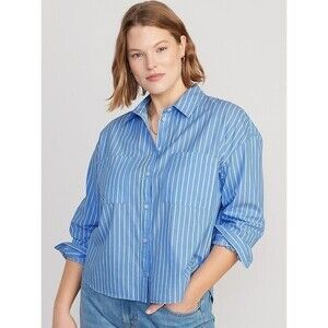 Old Navy Blue & White Striped Cropped Utility Boyfriend Shirt Size XL